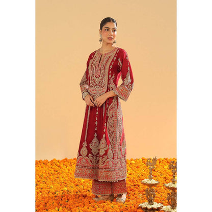 Sheetal Batra Rua Deep Red Long ALine Kurta with Palazzo and Dupatta (Set of 3)
