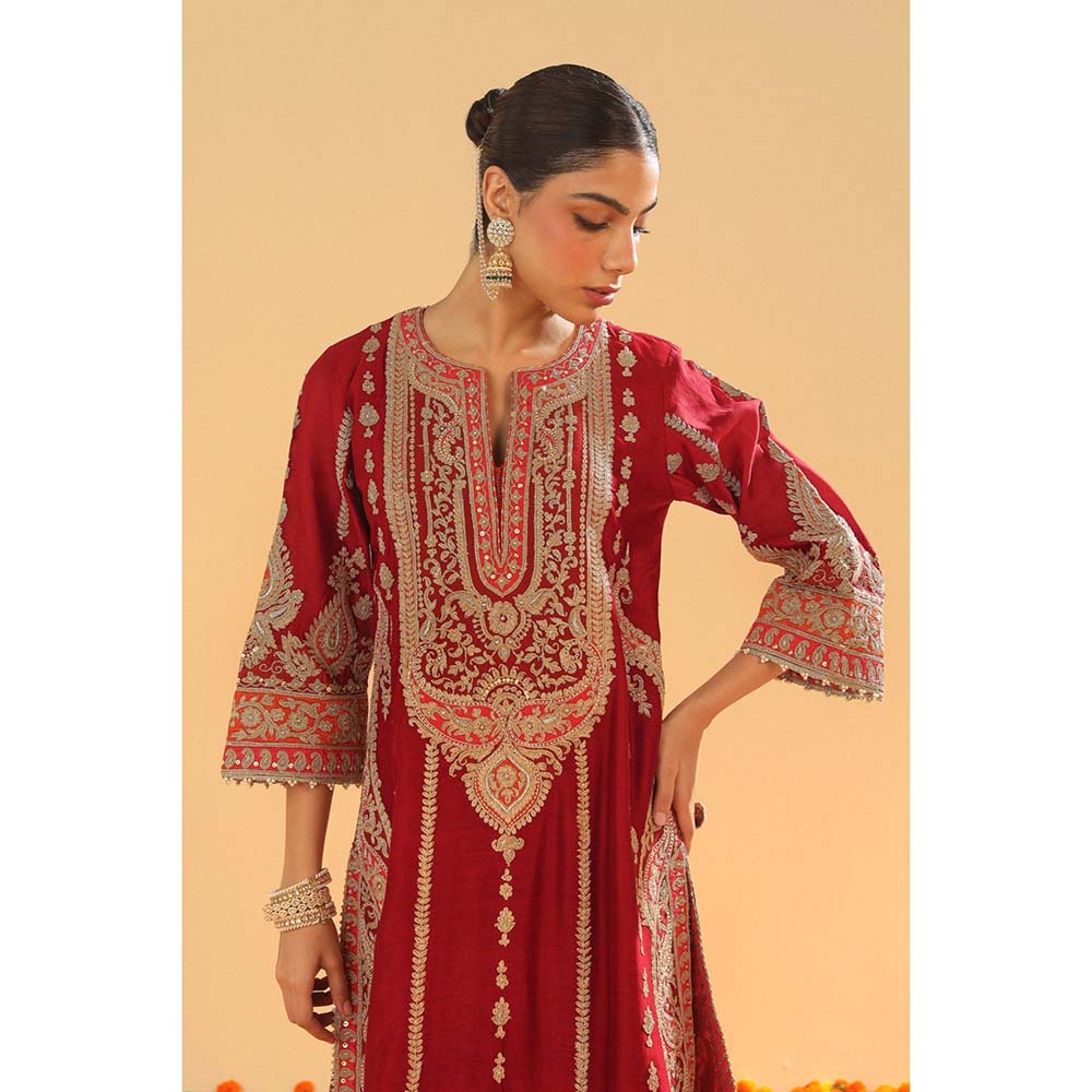 Sheetal Batra Rua Deep Red Long ALine Kurta with Palazzo and Dupatta (Set of 3)