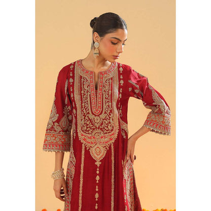 Sheetal Batra Rua Deep Red Long ALine Kurta with Palazzo and Dupatta (Set of 3)