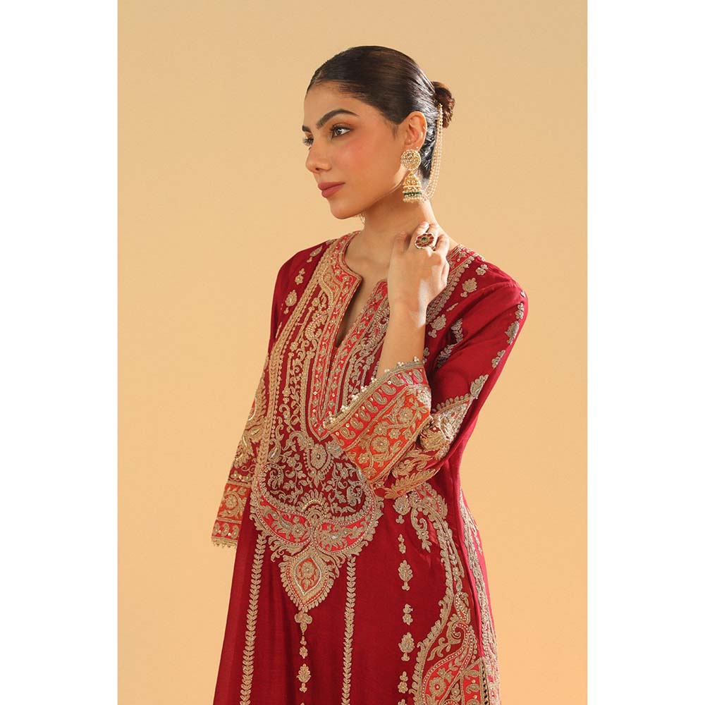 Sheetal Batra Rua Deep Red Long ALine Kurta with Palazzo and Dupatta (Set of 3)