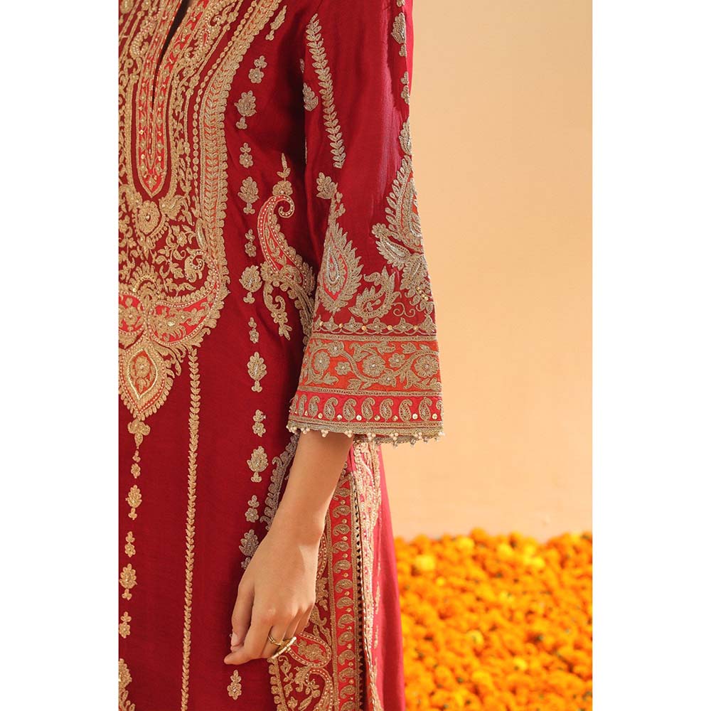 Sheetal Batra Rua Deep Red Long ALine Kurta with Palazzo and Dupatta (Set of 3)
