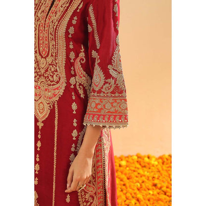 Sheetal Batra Rua Deep Red Long ALine Kurta with Palazzo and Dupatta (Set of 3)