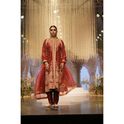 Sheetal Batra Minara Deep Red Long ALine Jacket with Pant and Dupatta (Set of 3)