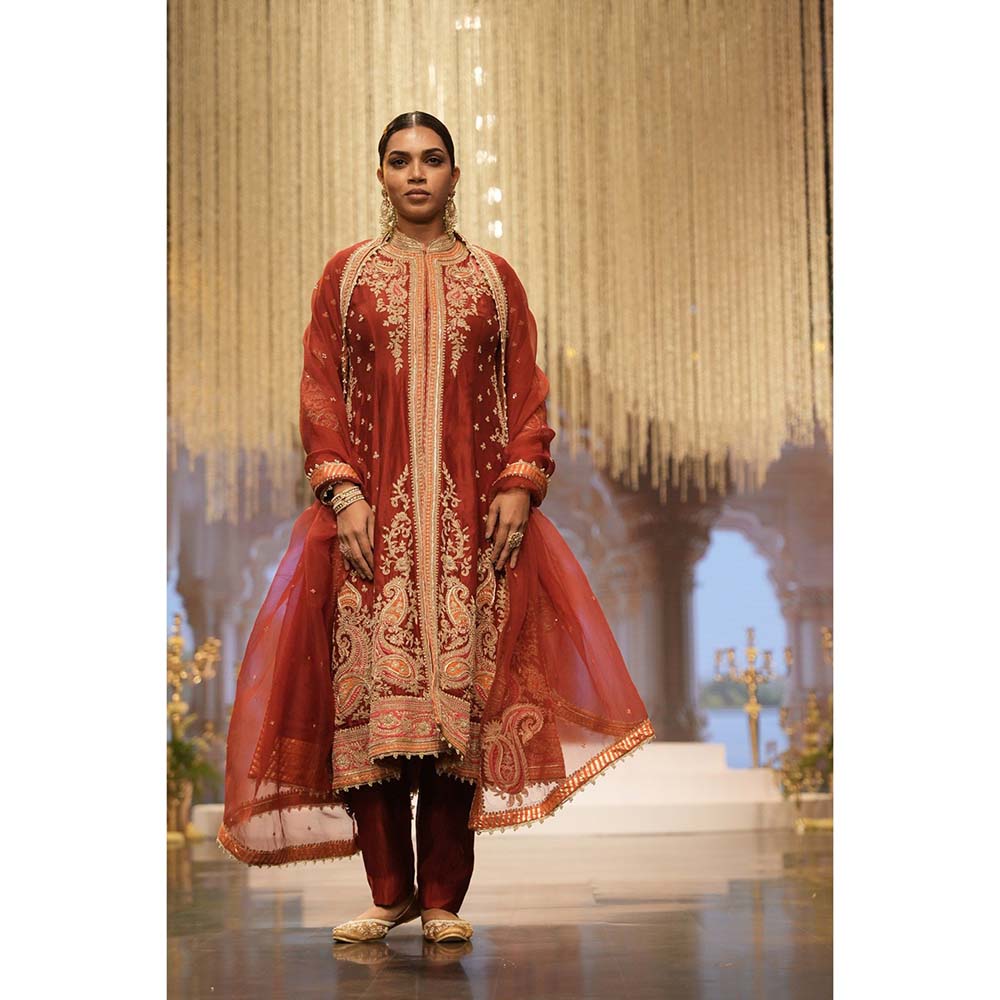 Sheetal Batra Minara Deep Red Long ALine Jacket with Pant and Dupatta (Set of 3)