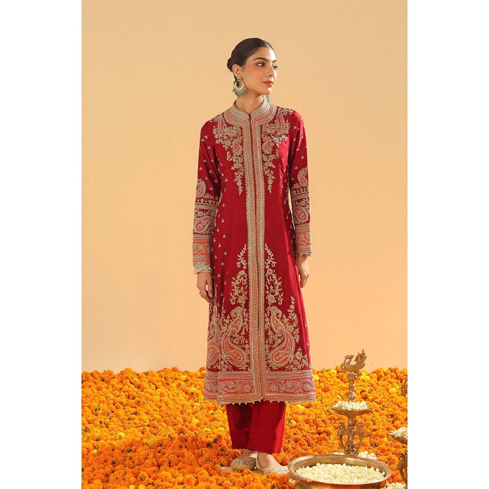 Sheetal Batra Minara Deep Red Long ALine Jacket with Pant and Dupatta (Set of 3)