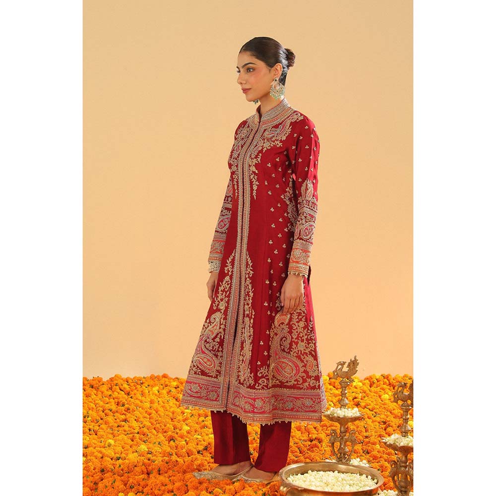 Sheetal Batra Minara Deep Red Long ALine Jacket with Pant and Dupatta (Set of 3)