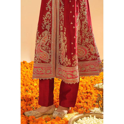 Sheetal Batra Minara Deep Red Long ALine Jacket with Pant and Dupatta (Set of 3)