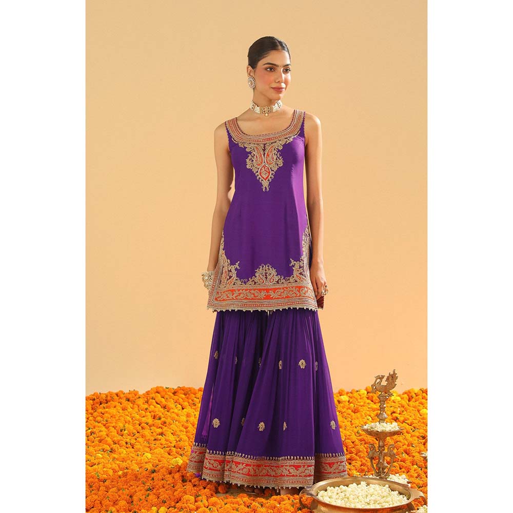 Sheetal Batra Maziyah Deep Purple Short Kurti with Sharara and Dupatta (Set of 3)