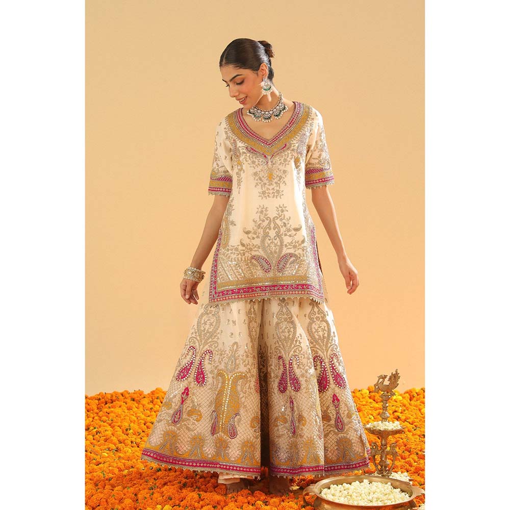 Sheetal Batra Sadiya Daisy Ivory Short Kurti with Sharara and Dupatta (Set of 3)