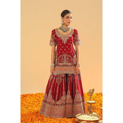 Sheetal Batra Sehrish Deep Red Short Kurti with Sharara and Dupatta (Set of 3)