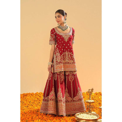 Sheetal Batra Sehrish Deep Red Short Kurti with Sharara and Dupatta (Set of 3)