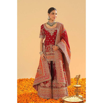 Sheetal Batra Sehrish Deep Red Short Kurti with Sharara and Dupatta (Set of 3)