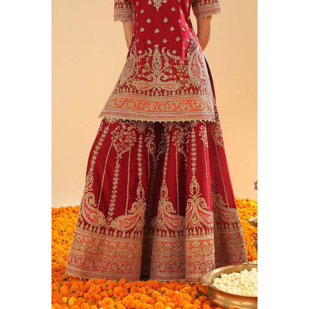 Sheetal Batra Sehrish Deep Red Short Kurti with Sharara and Dupatta (Set of 3)