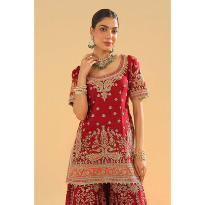 Sheetal Batra Sehrish Deep Red Short Kurti with Sharara and Dupatta (Set of 3)