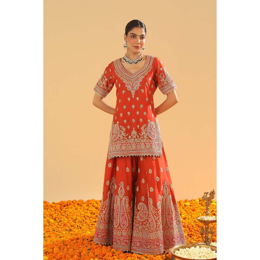 Sheetal Batra Shazfa Rust Short Kurti with Sharara and Dupatta (Set of 3)