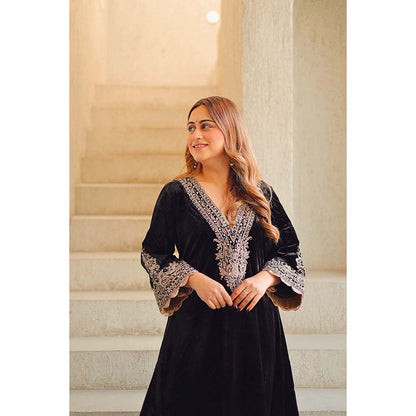 Sheetal Batra Black Rasha Long ALine Kurta with Salwar (Set of 2)