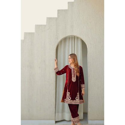 Sheetal Batra Maroon Ayat Short Kurta with Salwar (Set of 2)