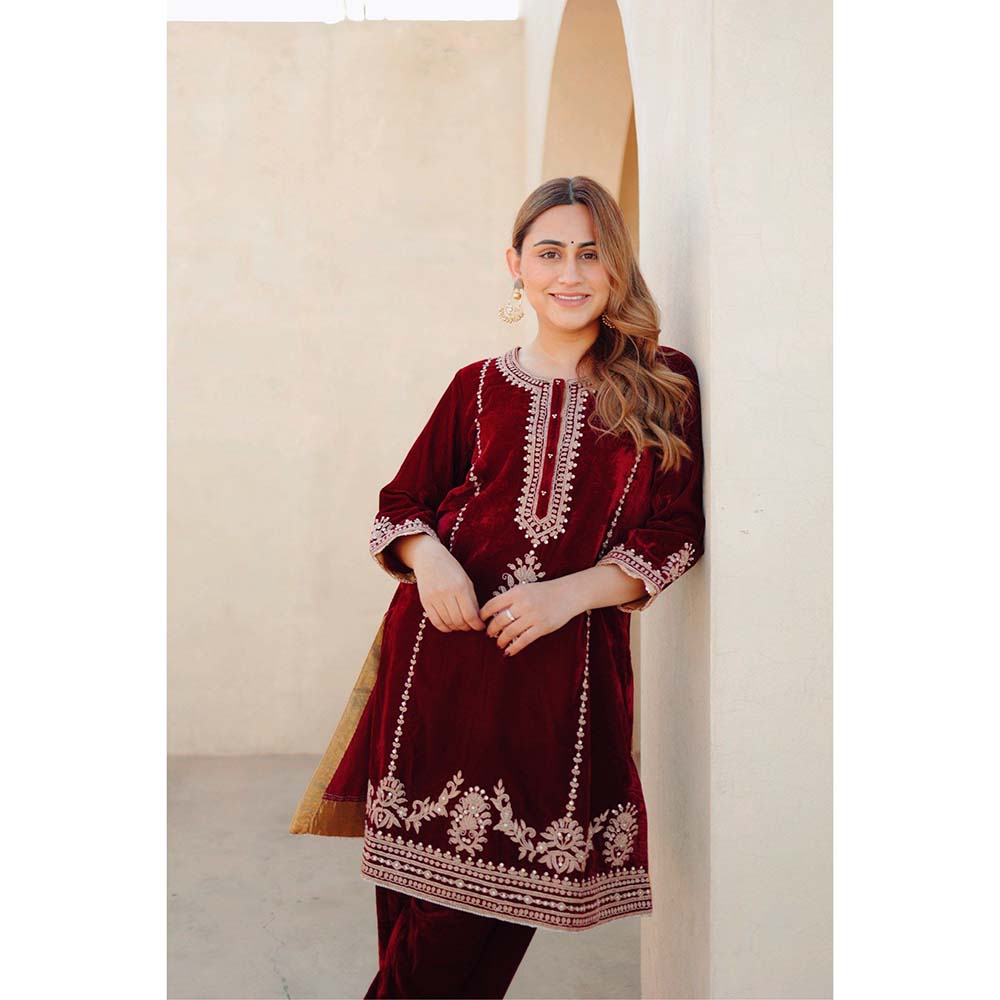 Sheetal Batra Maroon Asiyah Short Kurta with Salwar (Set of 2)