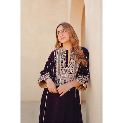 Sheetal Batra Wine Marya Long ALine Kurta with Salwar (Set of 2)