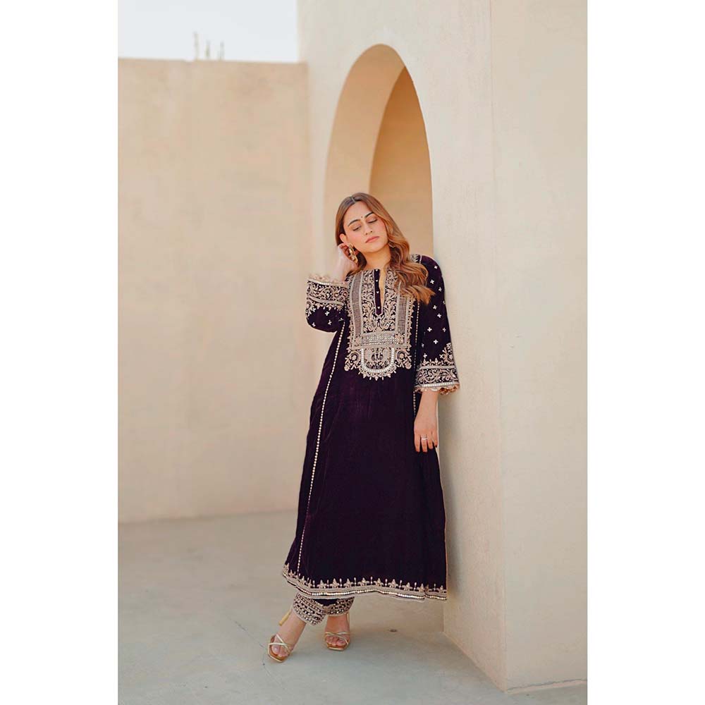 Sheetal Batra Wine Marya Long ALine Kurta with Salwar (Set of 2)