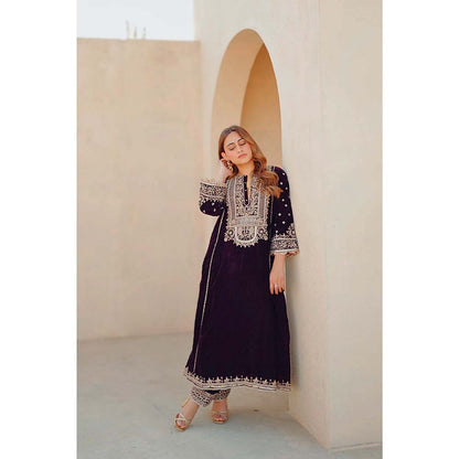 Sheetal Batra Wine Marya Long ALine Kurta with Salwar (Set of 2)