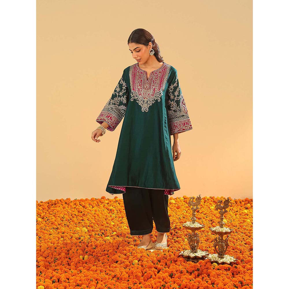 Sheetal Batra Mohsina Emerald Green Short Kalidar Chauga Kurta and Salwar (Set of 2)