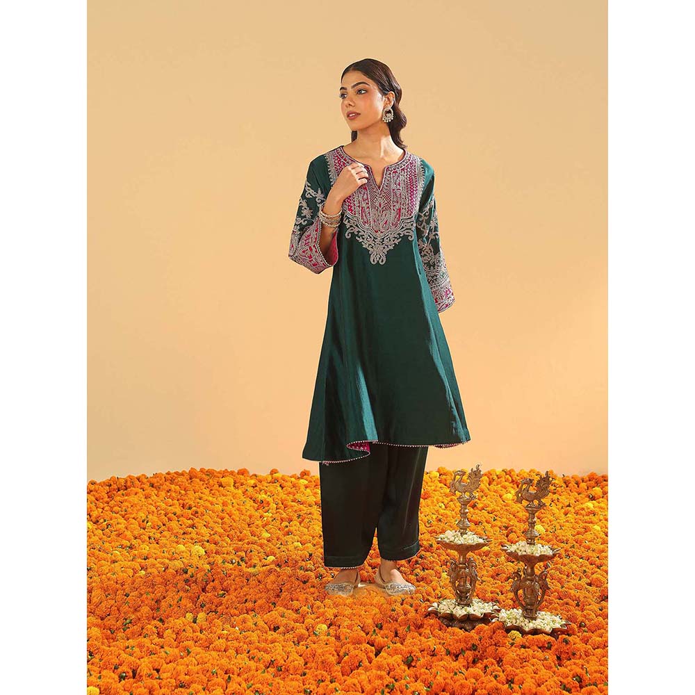 Sheetal Batra Mohsina Emerald Green Short Kalidar Chauga Kurta and Salwar (Set of 2)