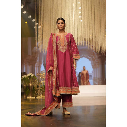 Sheetal Batra Pink Long A-Line Kurta with Palazzo and Dupatta (Set of 3)