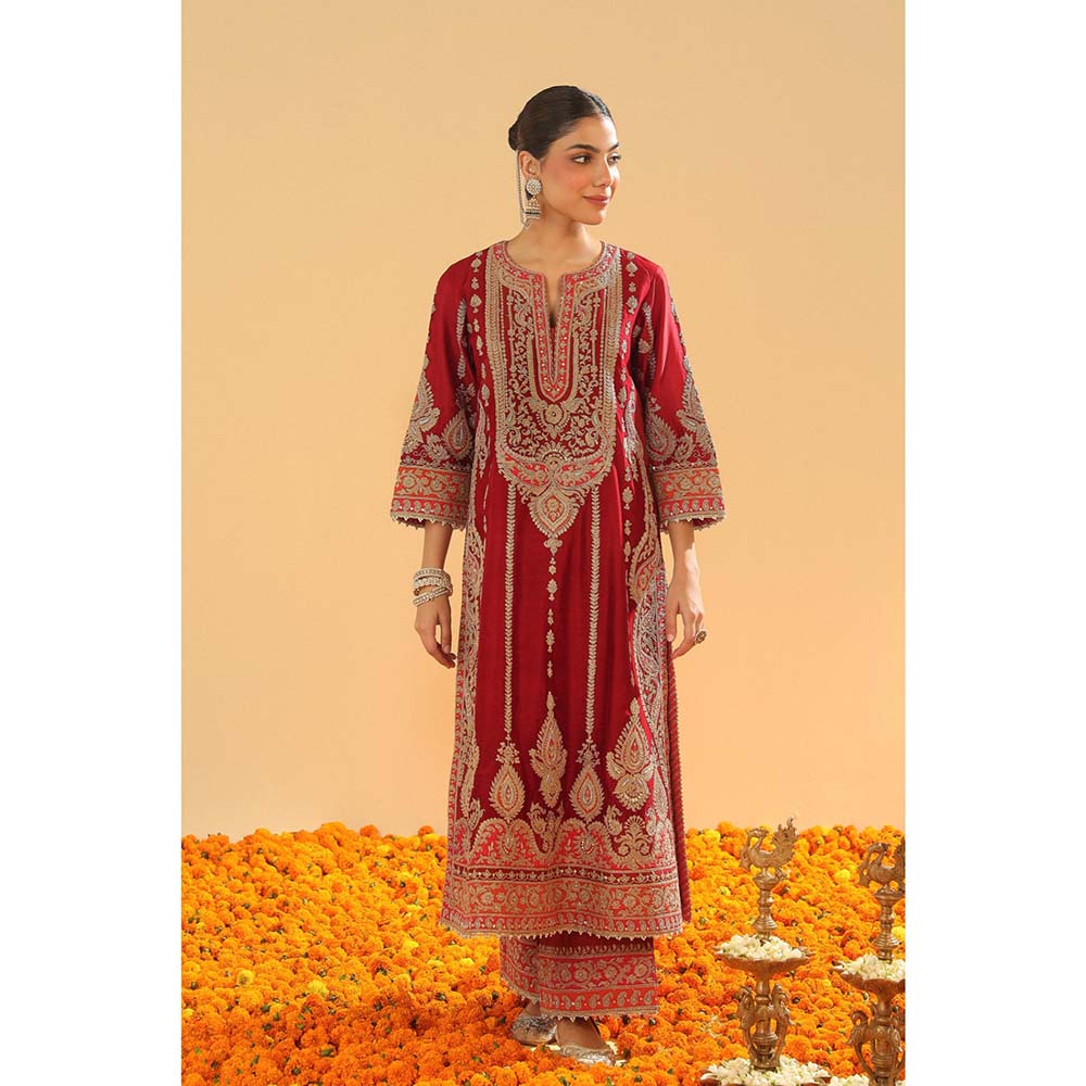 Sheetal Batra Maroon A-Line Kurta with Palazzo and Dupatta (Set of 3)