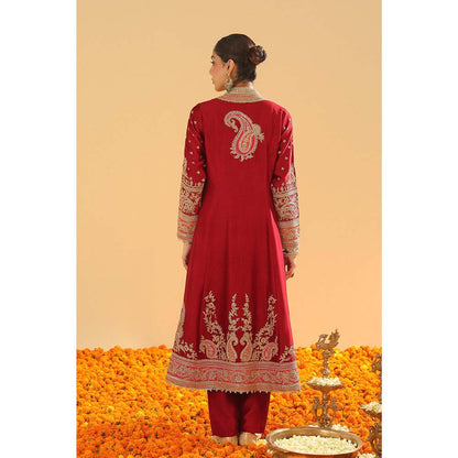 Sheetal Batra Maroon Long A-Line Jacket with Pant and Dupatta (Set of 3)