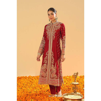 Sheetal Batra Maroon Long A-Line Jacket with Pant and Dupatta (Set of 3)