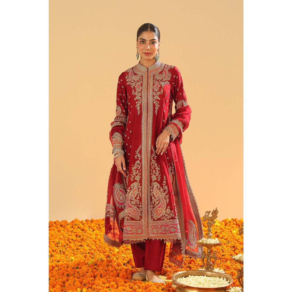 Sheetal Batra Maroon Long A-Line Jacket with Pant and Dupatta (Set of 3)