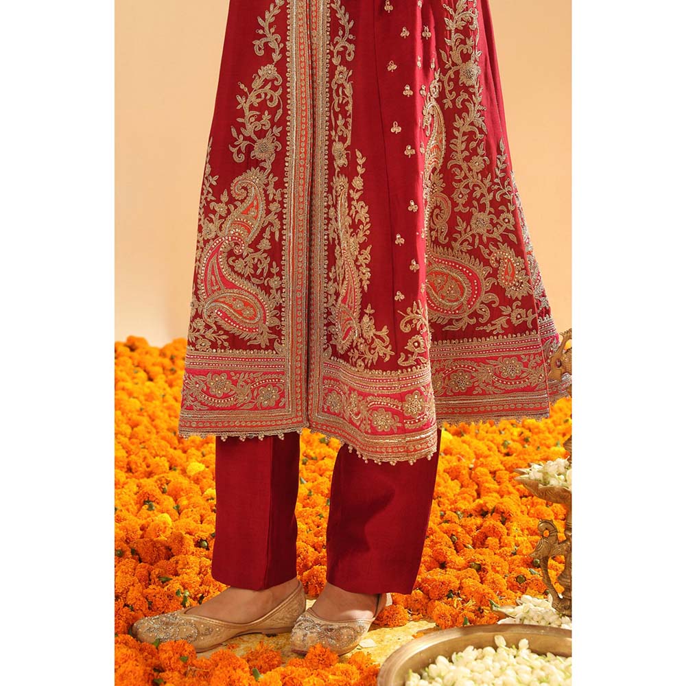 Sheetal Batra Maroon Long A-Line Jacket with Pant and Dupatta (Set of 3)