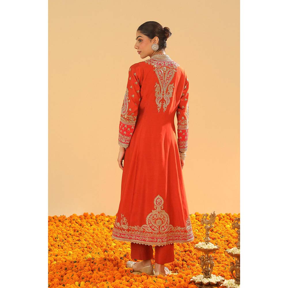 Sheetal Batra Orange Long A-Line Jacket with Pant and Dupatta (Set of 3)