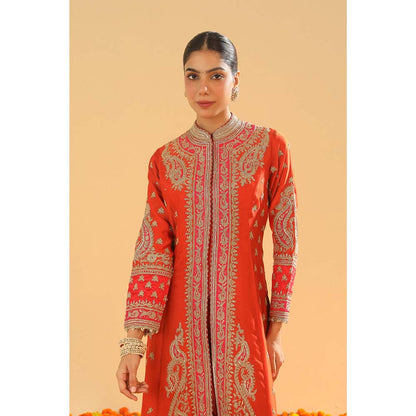 Sheetal Batra Orange Long A-Line Jacket with Pant and Dupatta (Set of 3)