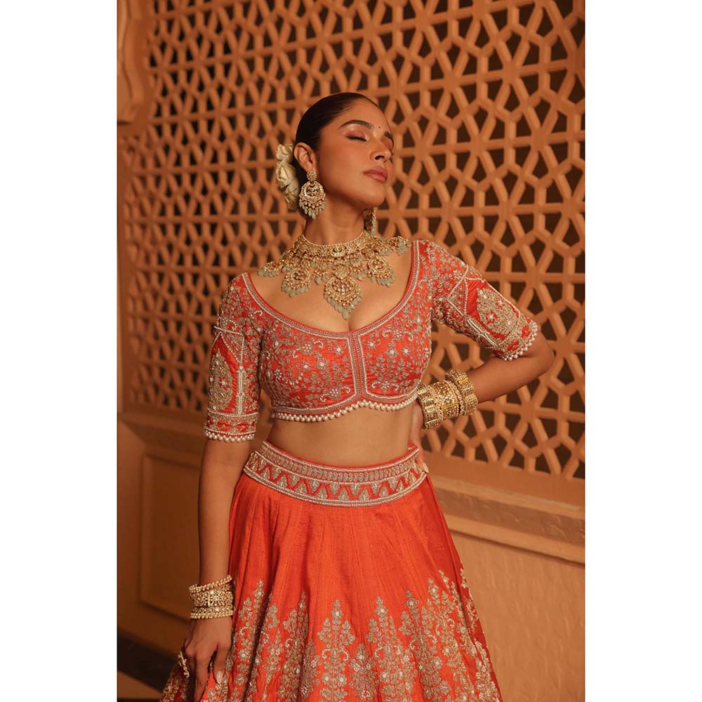 Sheetal Batra Faizah Orange Lehenga with Blouse and Dupatta (Set of 3)