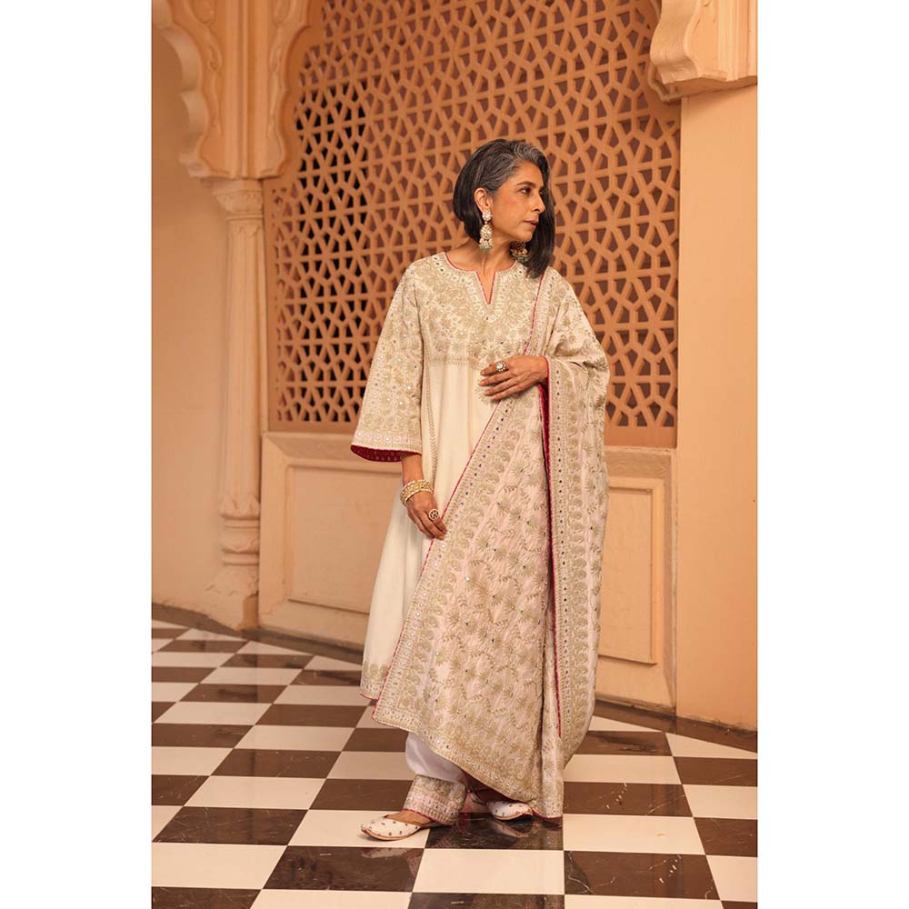 Sheetal Batra Amani Daisy Ivory A-Line Kurta with Salwar and Dupatta (Set of 3)