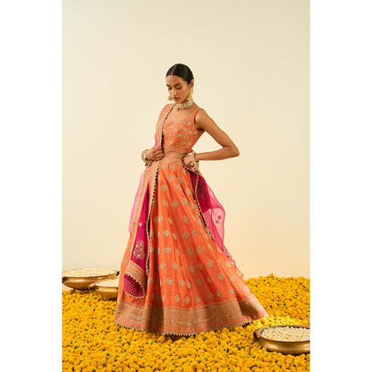Sheetal Batra Orange Lehenga with Blouse, Dupatta and Belt (Set of 3)