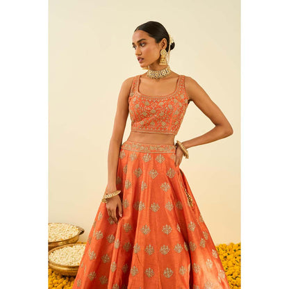 Sheetal Batra Orange Lehenga with Blouse, Dupatta and Belt (Set of 3)