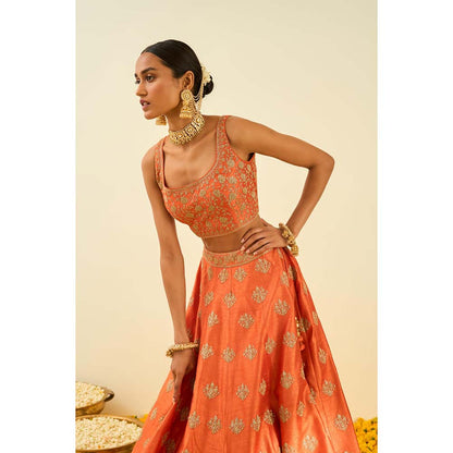 Sheetal Batra Orange Lehenga with Blouse, Dupatta and Belt (Set of 3)