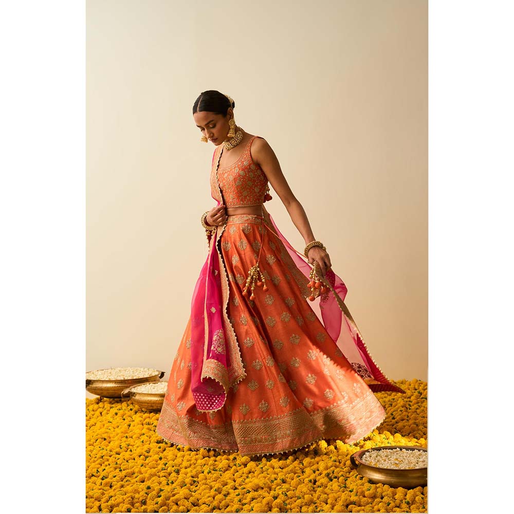 Sheetal Batra Orange Lehenga with Blouse, Dupatta and Belt (Set of 3)