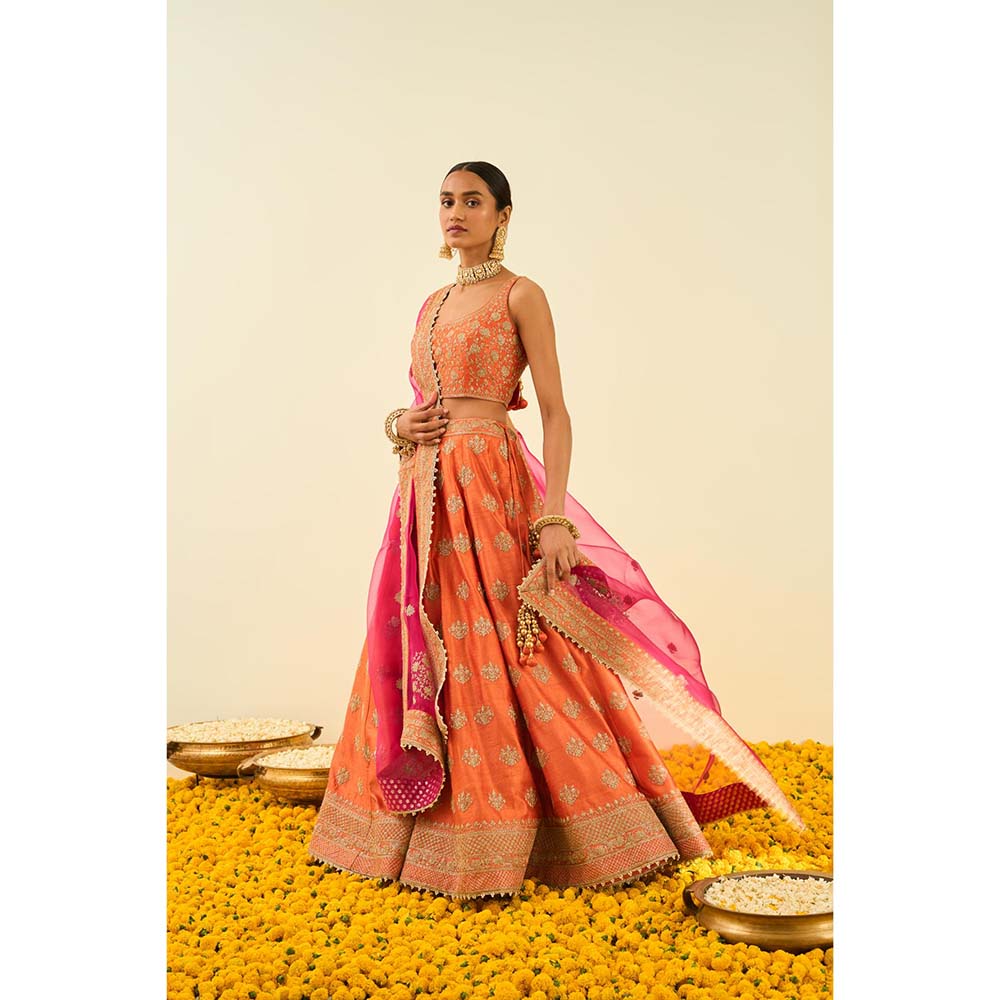 Sheetal Batra Orange Lehenga with Blouse, Dupatta and Belt (Set of 3)