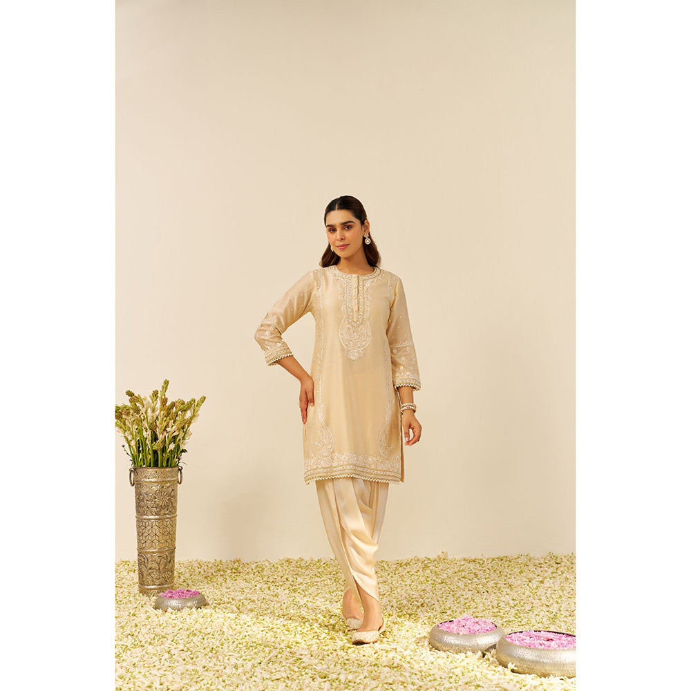 Sheetal Batra Beige Zahra Short Kurta with Dhoti and Dupatta (Set of 3)
