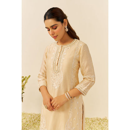 Sheetal Batra Beige Zahra Short Kurta with Dhoti and Dupatta (Set of 3)