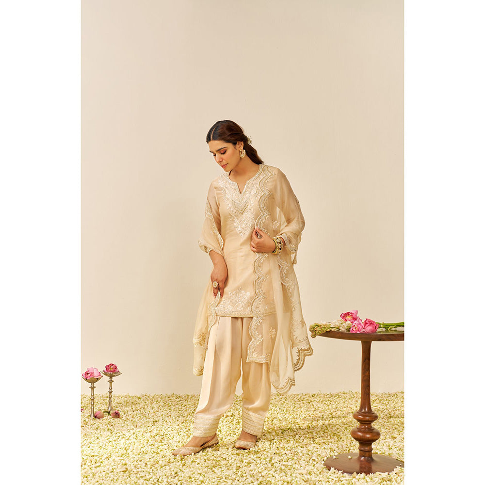 Sheetal Batra Beige Haniya Short Kurta with Salwar and Dupatta (Set of 3)