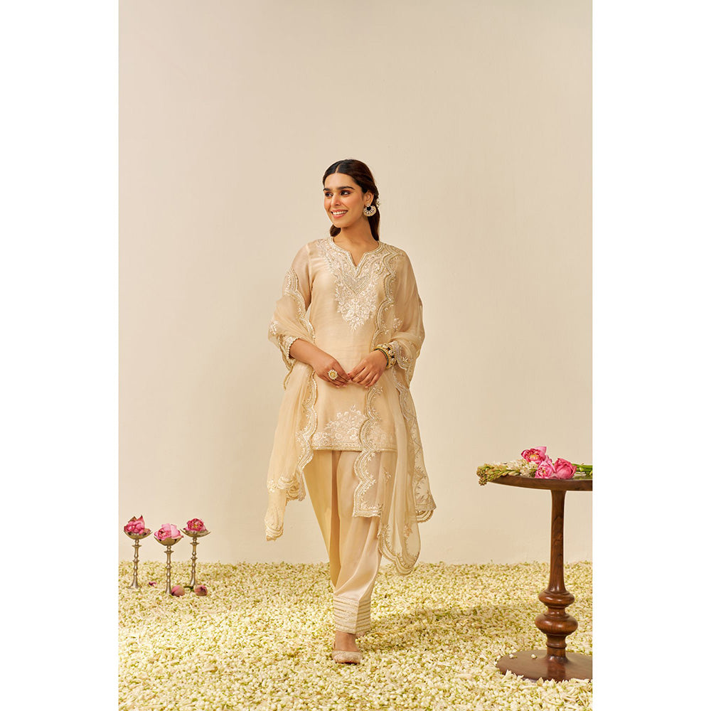 Sheetal Batra Beige Haniya Short Kurta with Salwar and Dupatta (Set of 3)