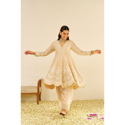 Sheetal Batra Beige Meeram Short Kurta with Salwar and Dupatta (Set of 3)