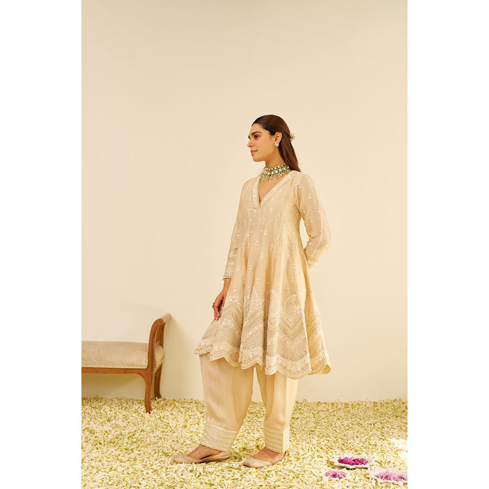 Sheetal Batra Beige Meeram Short Kurta with Salwar and Dupatta (Set of 3)