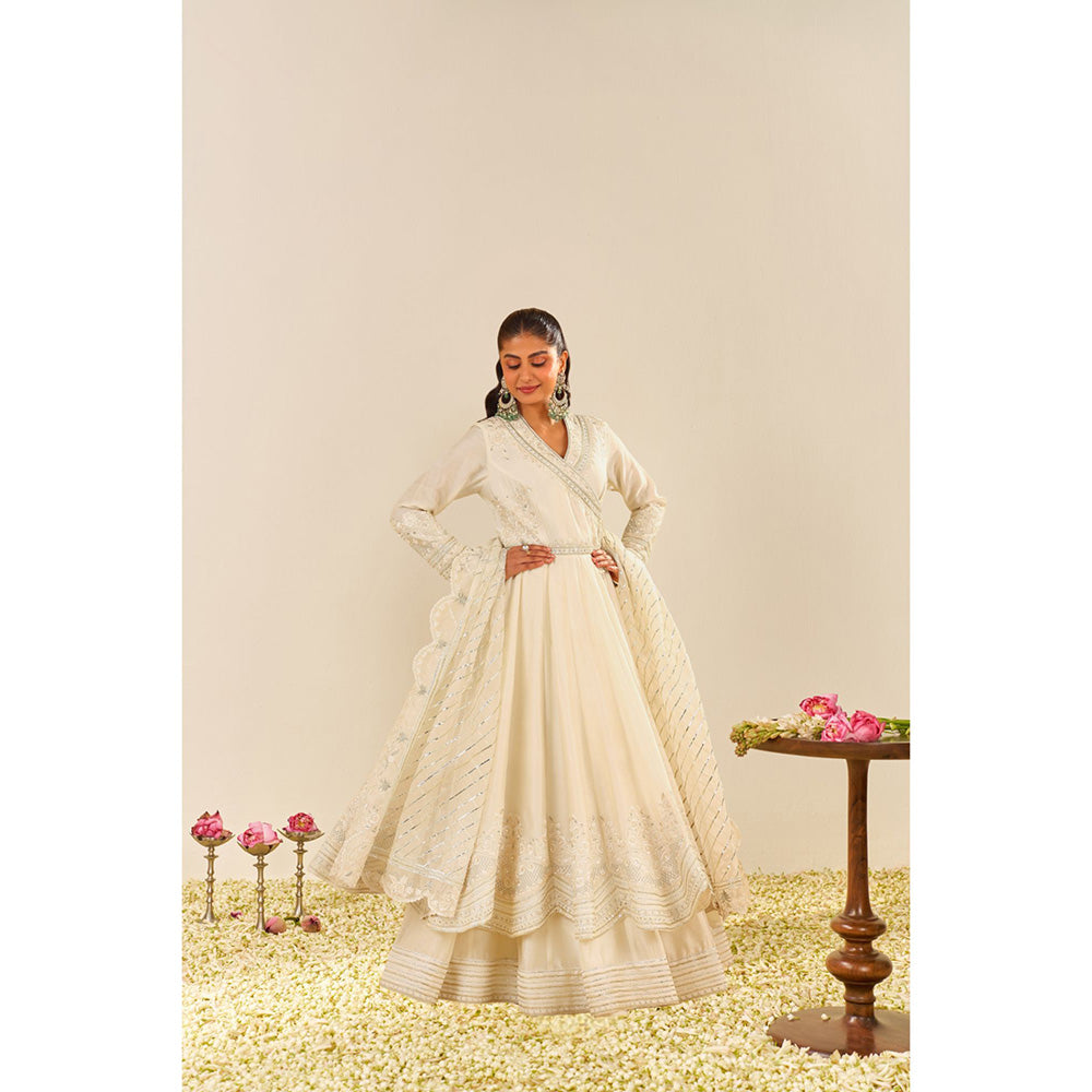 Sheetal Batra Ivory Ameena Long Angarkha with Lehenga and Dupatta (Set of 3)