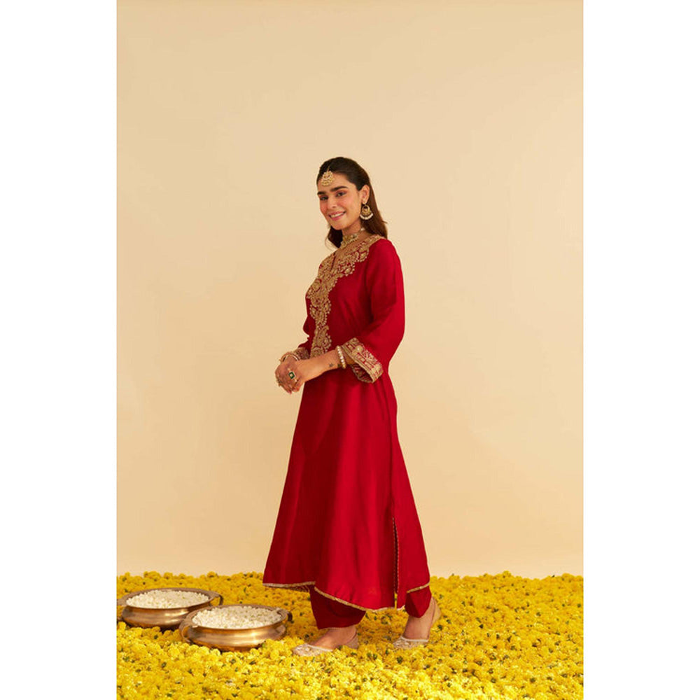 Sheetal Batra Hiba - Deep Red Long Kaftan With Salwar And Dupatta And Dupatta